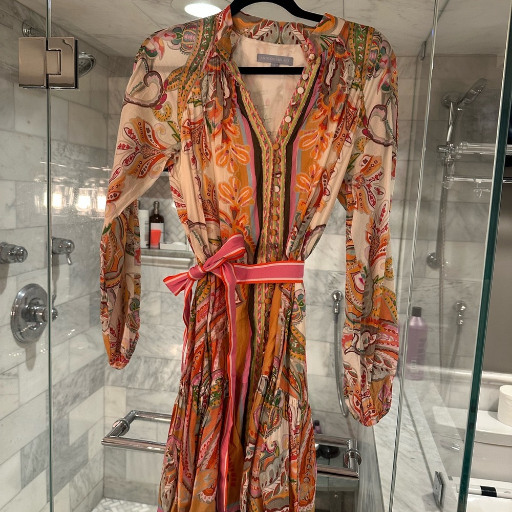 ANTONIO MELANI Pink and Orange Paisley Long Sleeve Dress